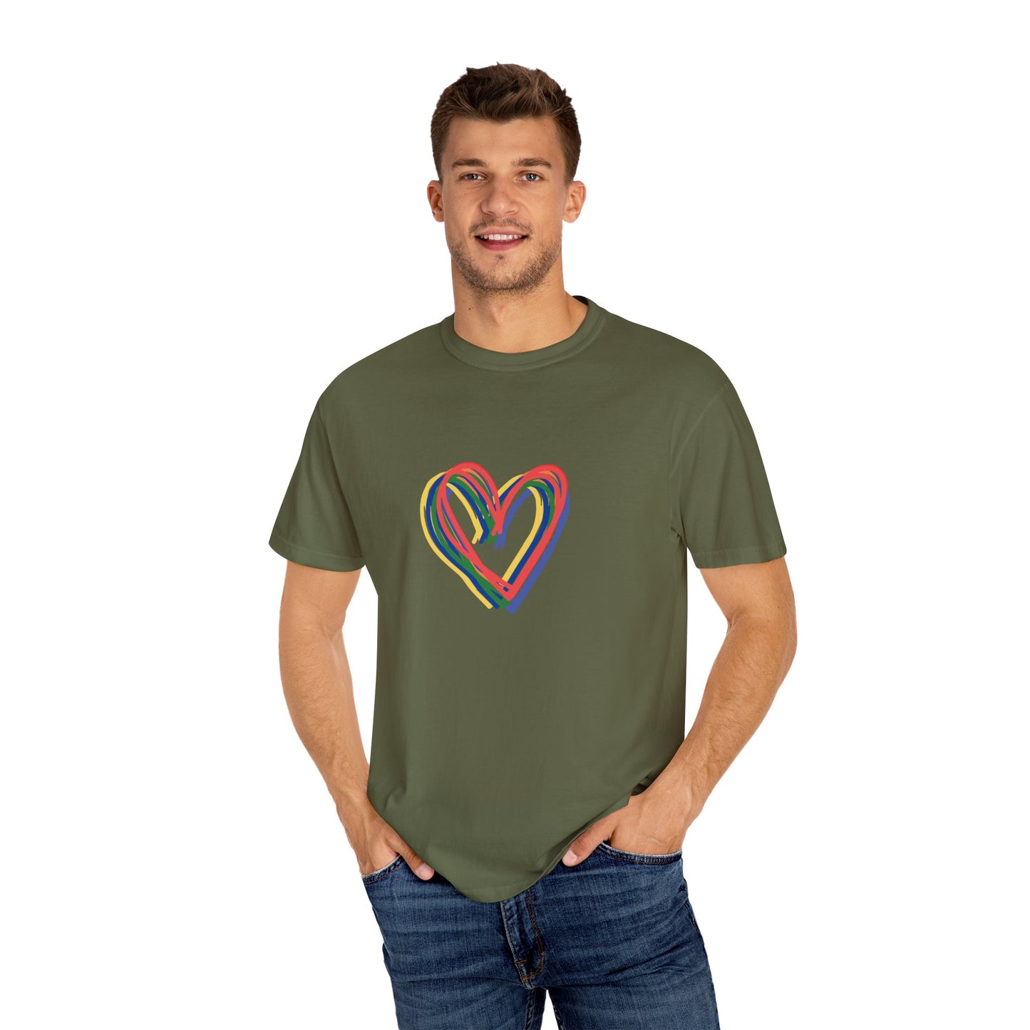Rainbow Hearts Unisex Garment-Dyed T-shirt, love, Pride, gender neutral, casual, men, women, relaxed, soft, preshrunk cotton, Valentines Day
