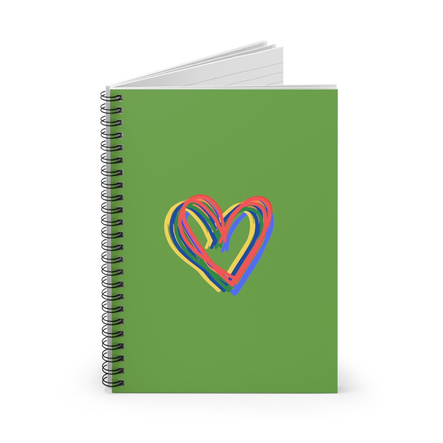 Rainbow Hearts Green Spiral Notebook, Ruled Line, Love, Pride, gender neutral, journal, paper, writing, gift, teens, adults, kids, friends