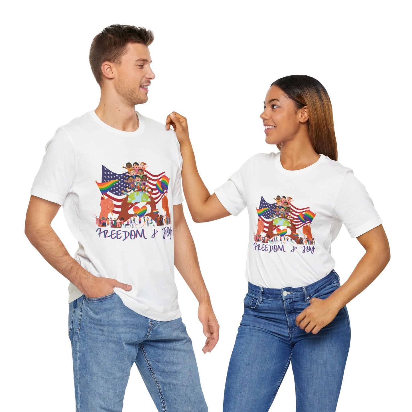 Freedom & Joy Unisex Tee, America, Inclusion, Equality, Love, Pride, Flag, Election, Gift, Comfy, Soft, Casual, Gender Neutral, Short Sleeve