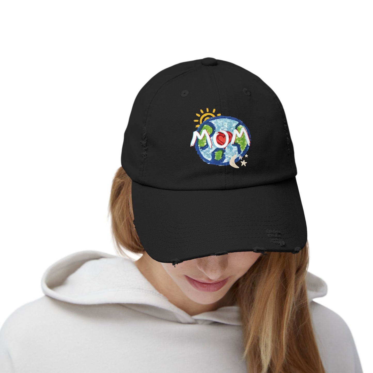 MOM Unisex Distressed Cap, Whole World, Sun, Moon & Stars, Heart, Mothers Day, Gifts for Women, Gift, Hats, Cotton Twill, Adjustable