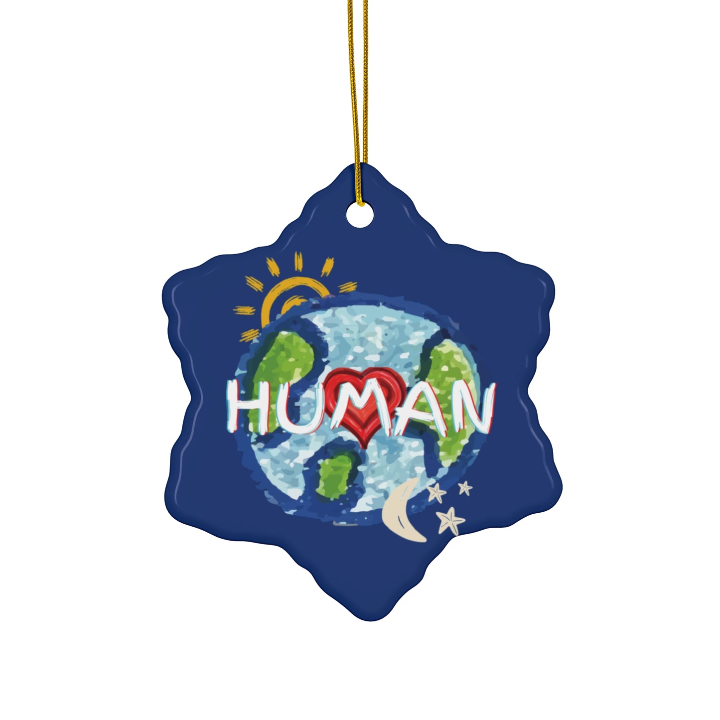 HUMAN Hanging Ceramic Ornament, Whole World, Sun Moon & Stars, Heart, Circle Snowflake Heart Star, Christmas Tree, Holiday, Birthday, Gifts