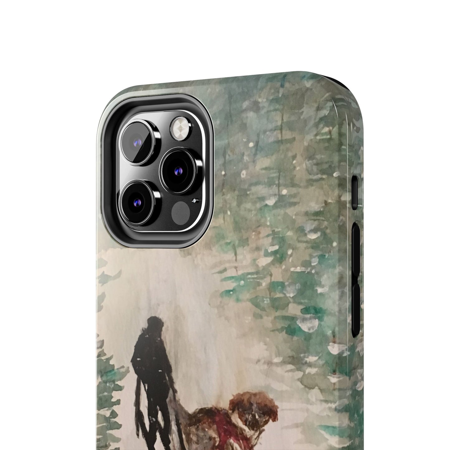 Skier Dog Pulling Tree Tough Phone Cases, iPhone & Samsung cases, wireless charging, pine trees, snow, original artwork, gifts, Christmas