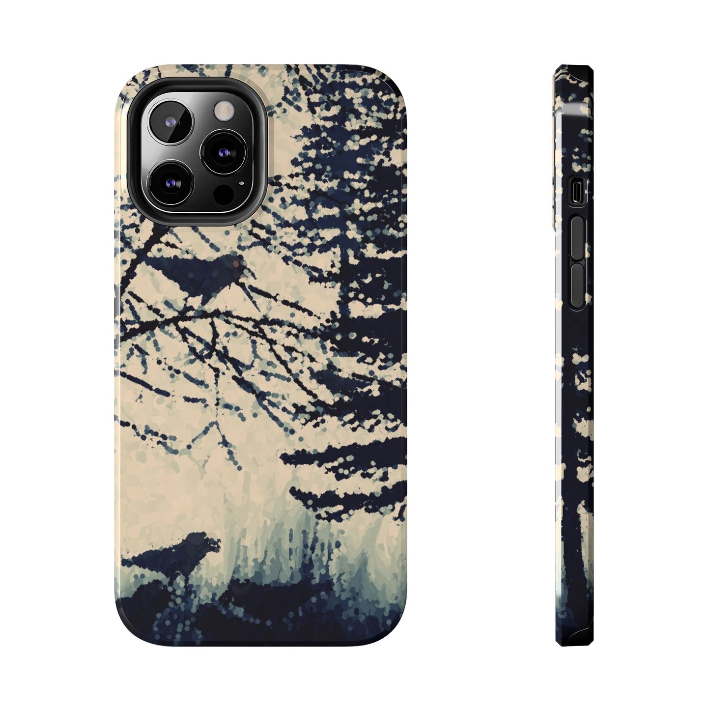 Crows in Forest Tough Phone Cases, iPhone & Samsung cases, wireless charging, crows, trees, birds, original artwork, gifts, Halloween