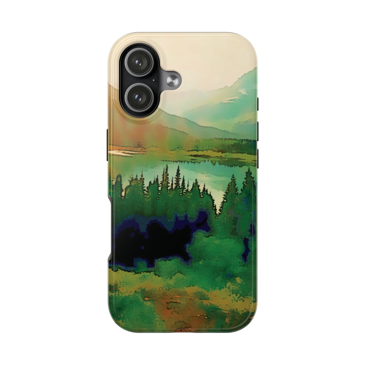 Mountain Lake Tough Phone Cases, iPhone & Samsung cases, wireless charging, trees, nature, colorful, original artwork, gifts, Christmas