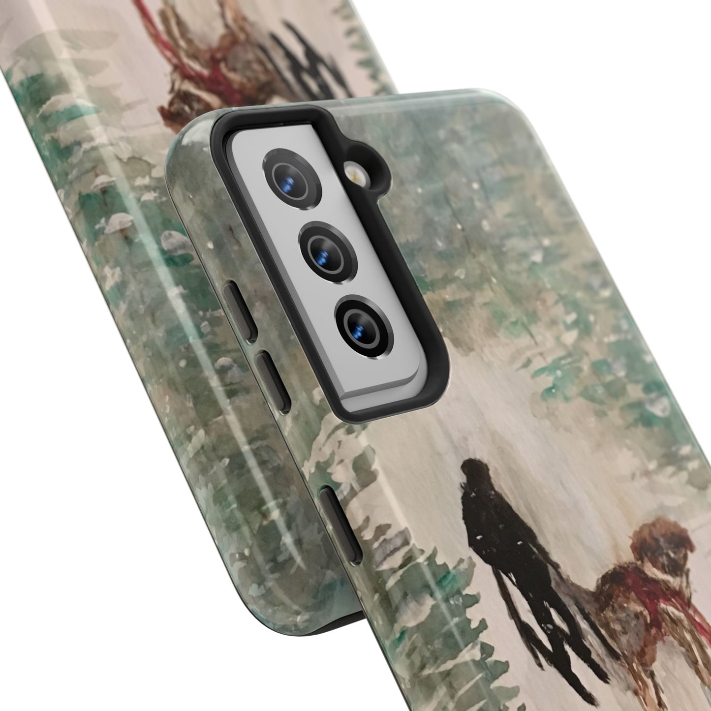 Skier Dog Pulling Tree Tough Phone Cases, iPhone & Samsung cases, wireless charging, pine trees, snow, original artwork, gifts, Christmas