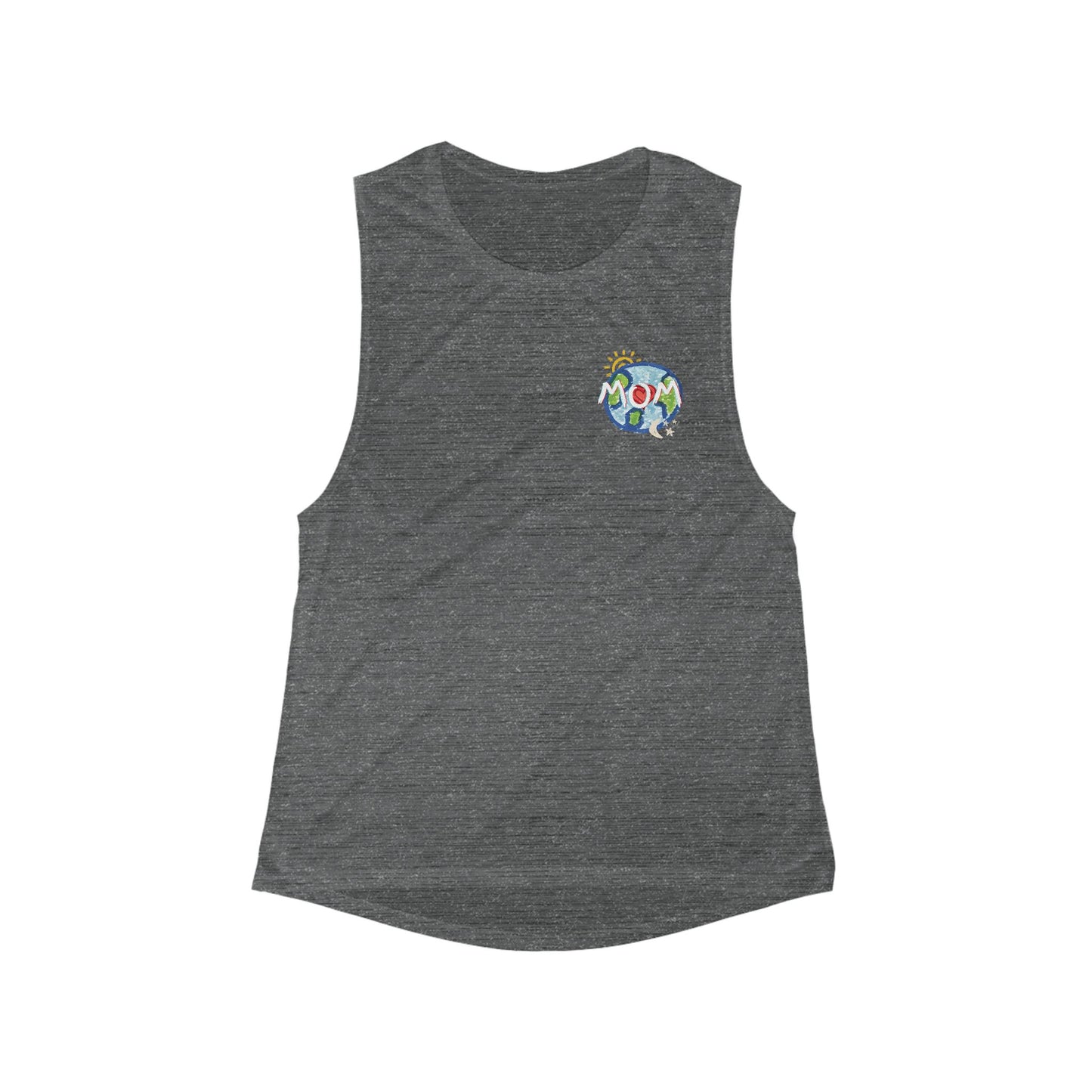 MOM Womens Flowy Scoop Muscle Tank, Whole World, Sun Moon Stars, Heart, Love, Mothers Day, Gift for Women, Comfy, Soft, workout, sleeveless