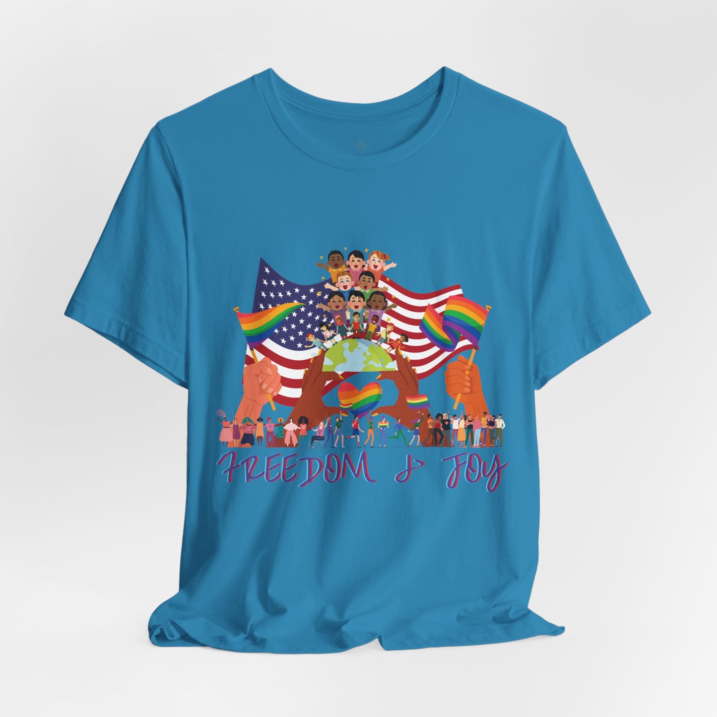 Freedom & Joy Unisex Tee, America, Inclusion, Equality, Love, Pride, Flag, Election, Gift, Comfy, Soft, Casual, Gender Neutral, Short Sleeve