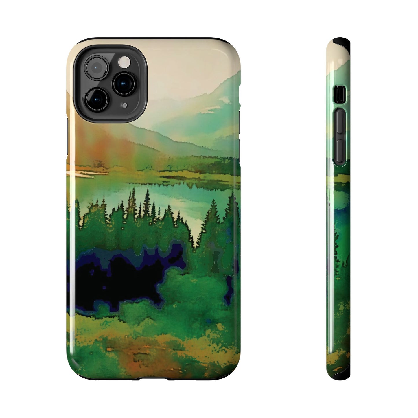 Mountain Lake Tough Phone Cases, iPhone & Samsung cases, wireless charging, trees, nature, colorful, original artwork, gifts, Christmas