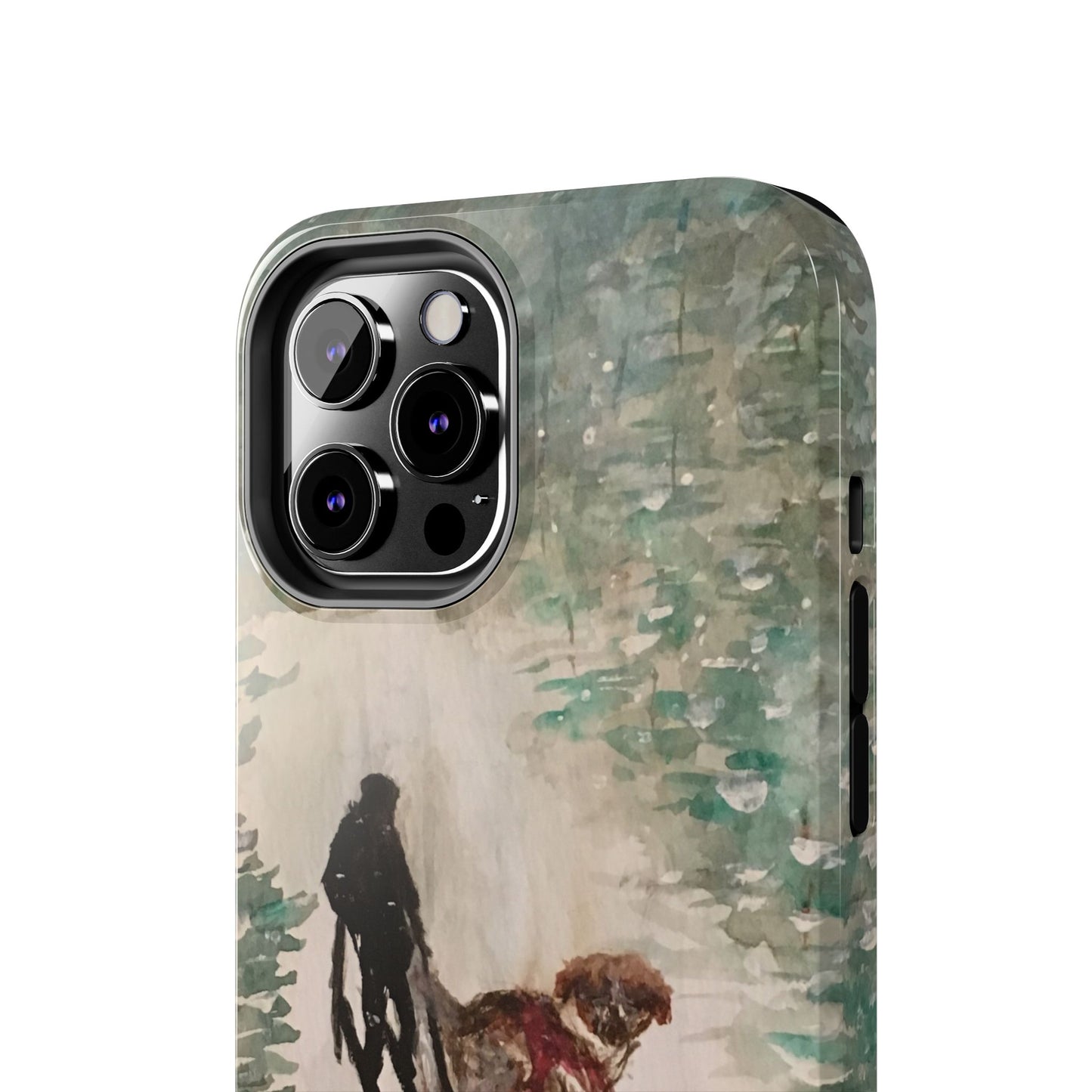 Skier Dog Pulling Tree Tough Phone Cases, iPhone & Samsung cases, wireless charging, pine trees, snow, original artwork, gifts, Christmas
