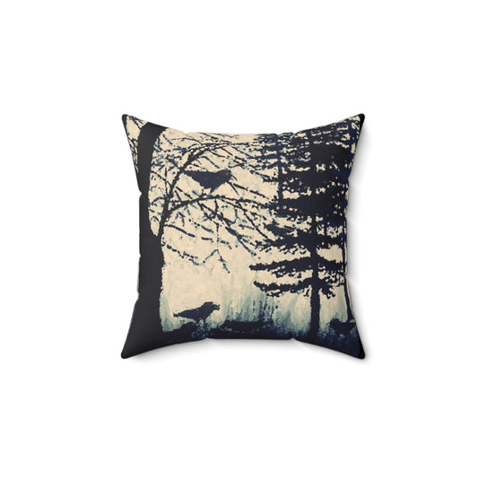 Crows in Forest Spun Polyester Square Pillow, Original Artwork, Decor, Dorm, Sofa, Throw, Gift, Trees, Nature, Rustic, Halloween, 4 Sizes
