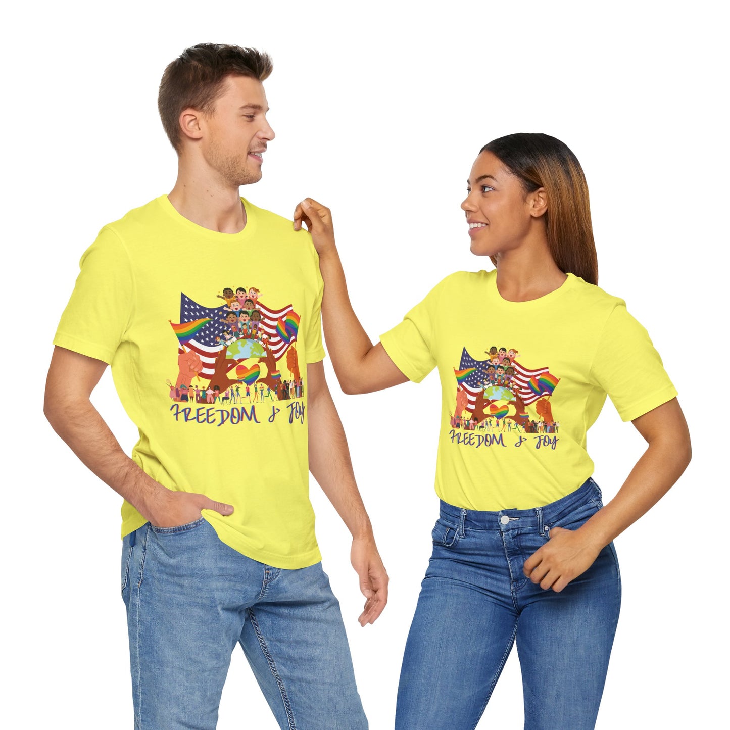 Freedom & Joy Unisex Tee, America, Inclusion, Equality, Love, Pride, Flag, Election, Gift, Comfy, Soft, Casual, Gender Neutral, Short Sleeve