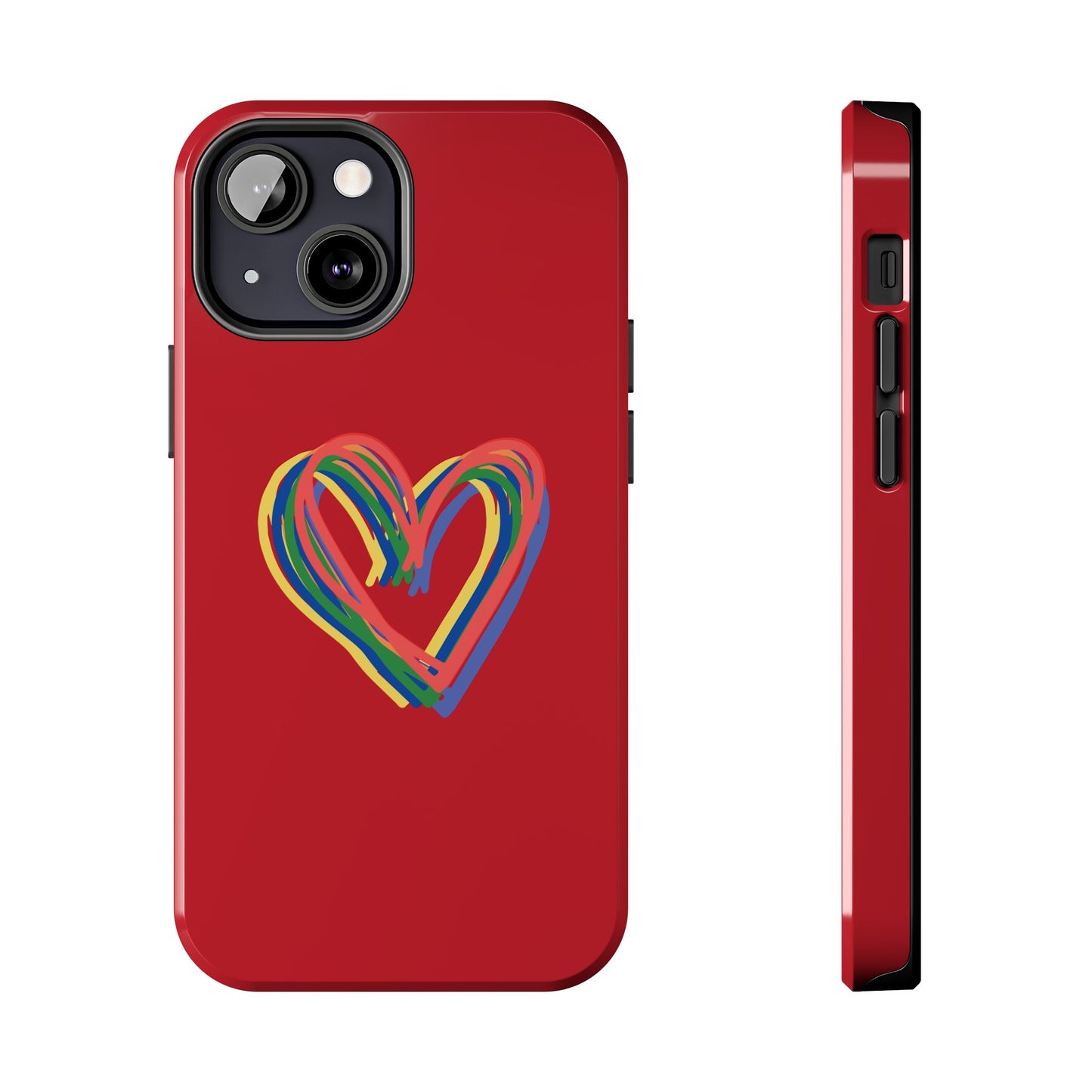 Rainbow Hearts Tough Phone Case, Red Phone Cover, Smartphone Case, Heart Pattern Phone Shell, Phone Hard Case, Colorful, Wireless Charging