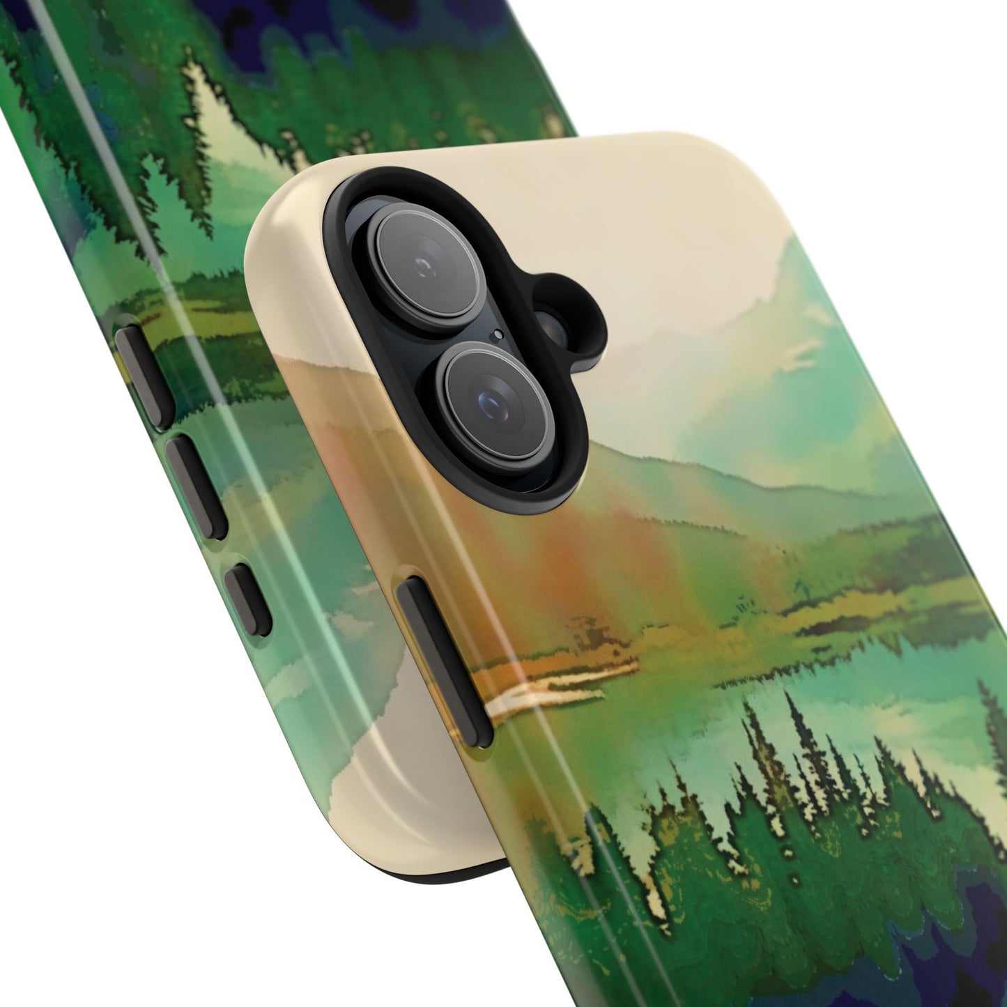 Mountain Lake Tough Phone Cases, iPhone & Samsung cases, wireless charging, trees, nature, colorful, original artwork, gifts, Christmas