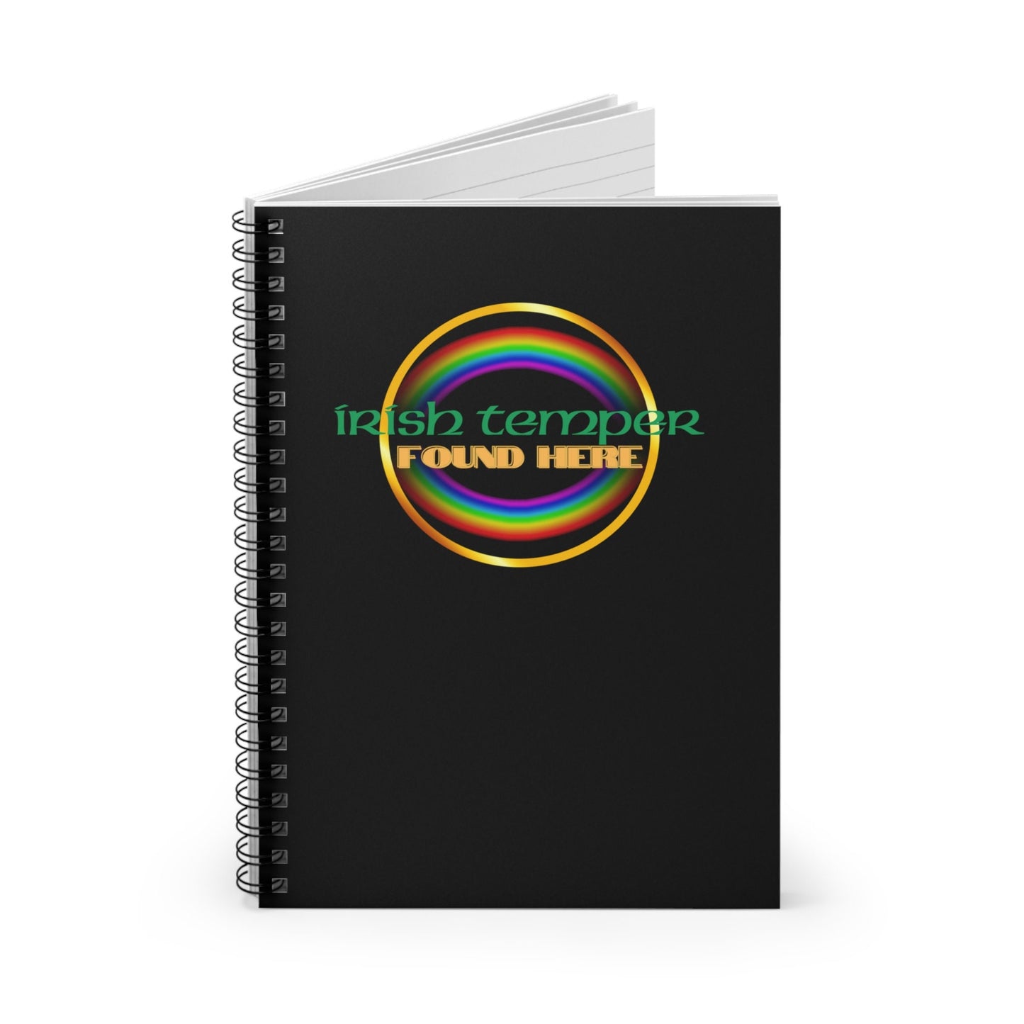 Irish Temper Found Here Black Spiral Notebook, Ruled Line, rainbow, gender neutral, journal, gift, teens, adults, kids, friends, St Patricks