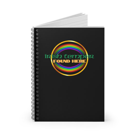 Irish Temper Found Here Black Spiral Notebook, Ruled Line, rainbow, gender neutral, journal, gift, teens, adults, kids, friends, St Patricks