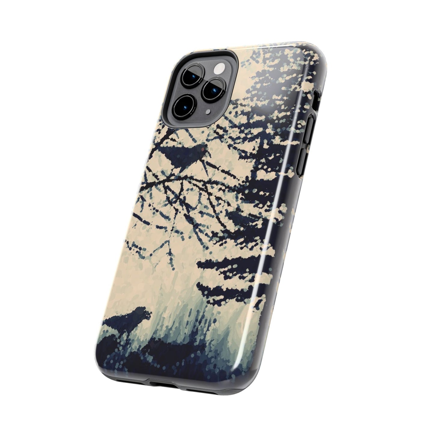 Crows in Forest Tough Phone Cases, iPhone & Samsung cases, wireless charging, crows, trees, birds, original artwork, gifts, Halloween