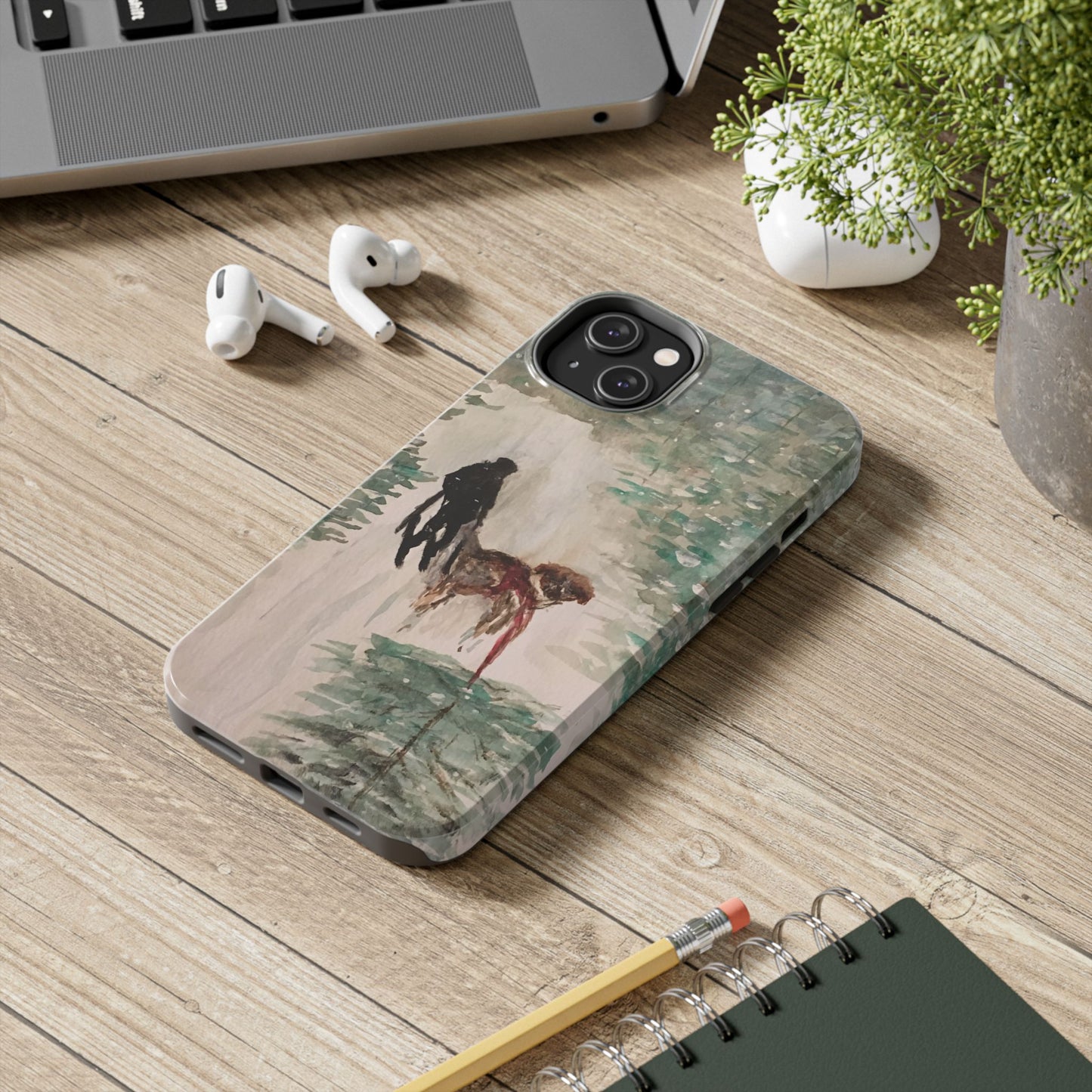 Skier Dog Pulling Tree Tough Phone Cases, iPhone & Samsung cases, wireless charging, pine trees, snow, original artwork, gifts, Christmas