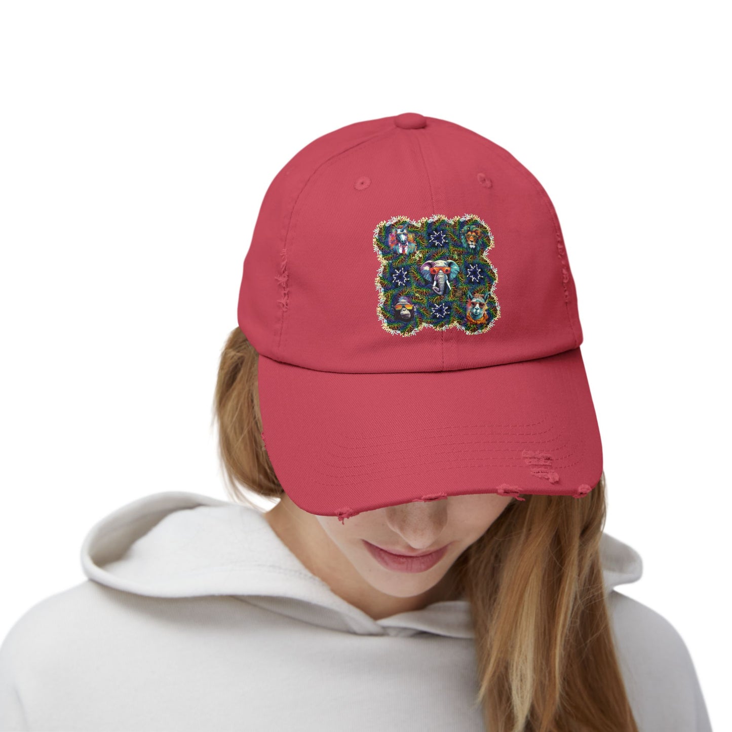 Wild & Cool Creatures Unisex Distressed Cap, Graphic Art, Animals, Gift, Hats, Cotton Twill, Adjustable, Gifts for Women Men Friends Teens