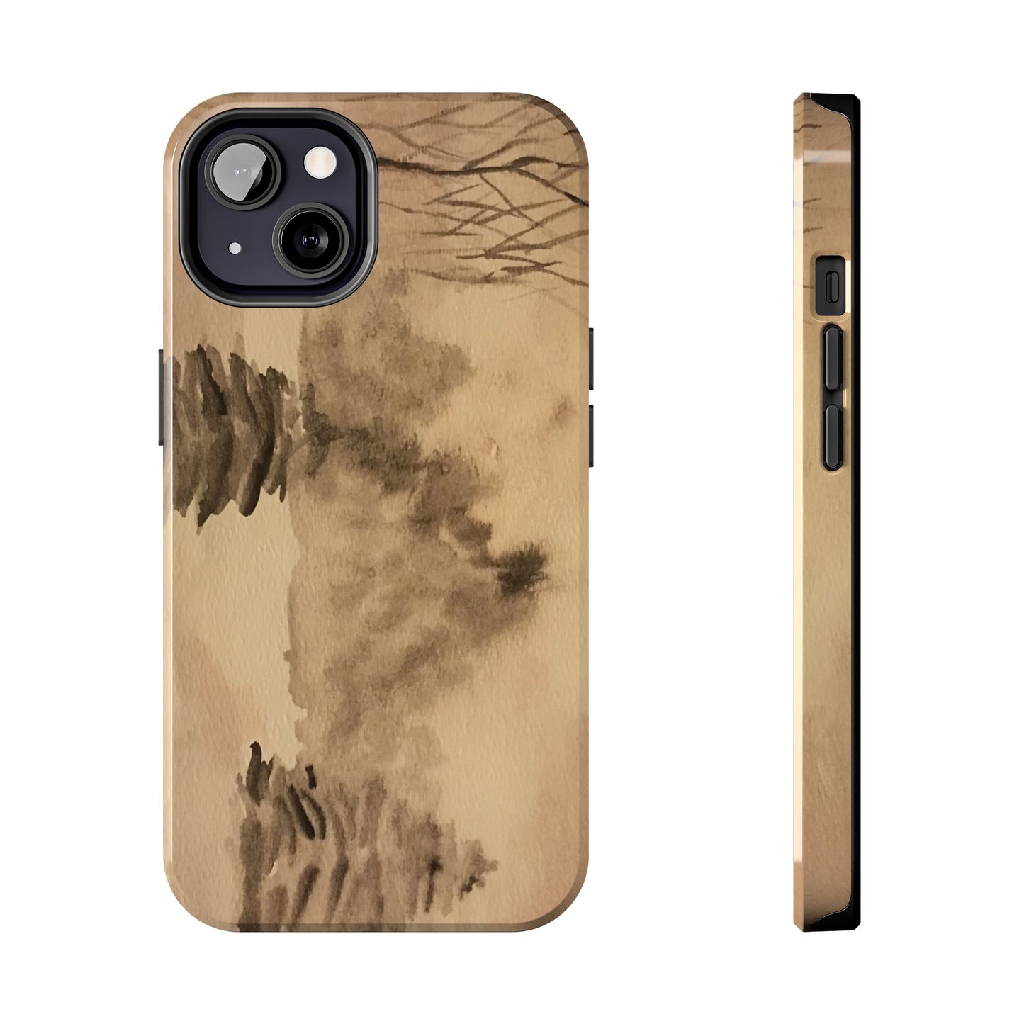 Winter Scene Tough Phone Cases, iPhone & Samsung cases, wireless charging, pine trees, snow, original watercolor artwork, gifts, Christmas