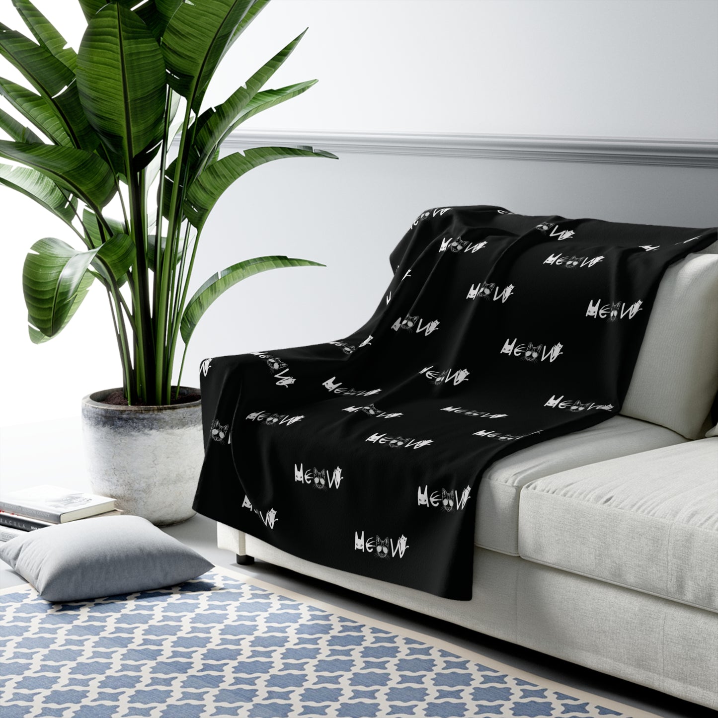 Meow Pattern Black & White Sherpa Fleece Blanket, Cats, Halloween, Sassy, Home Decor, Soft, Cozy, Gift, Gender Neutral, Throw, 50x60 60x80