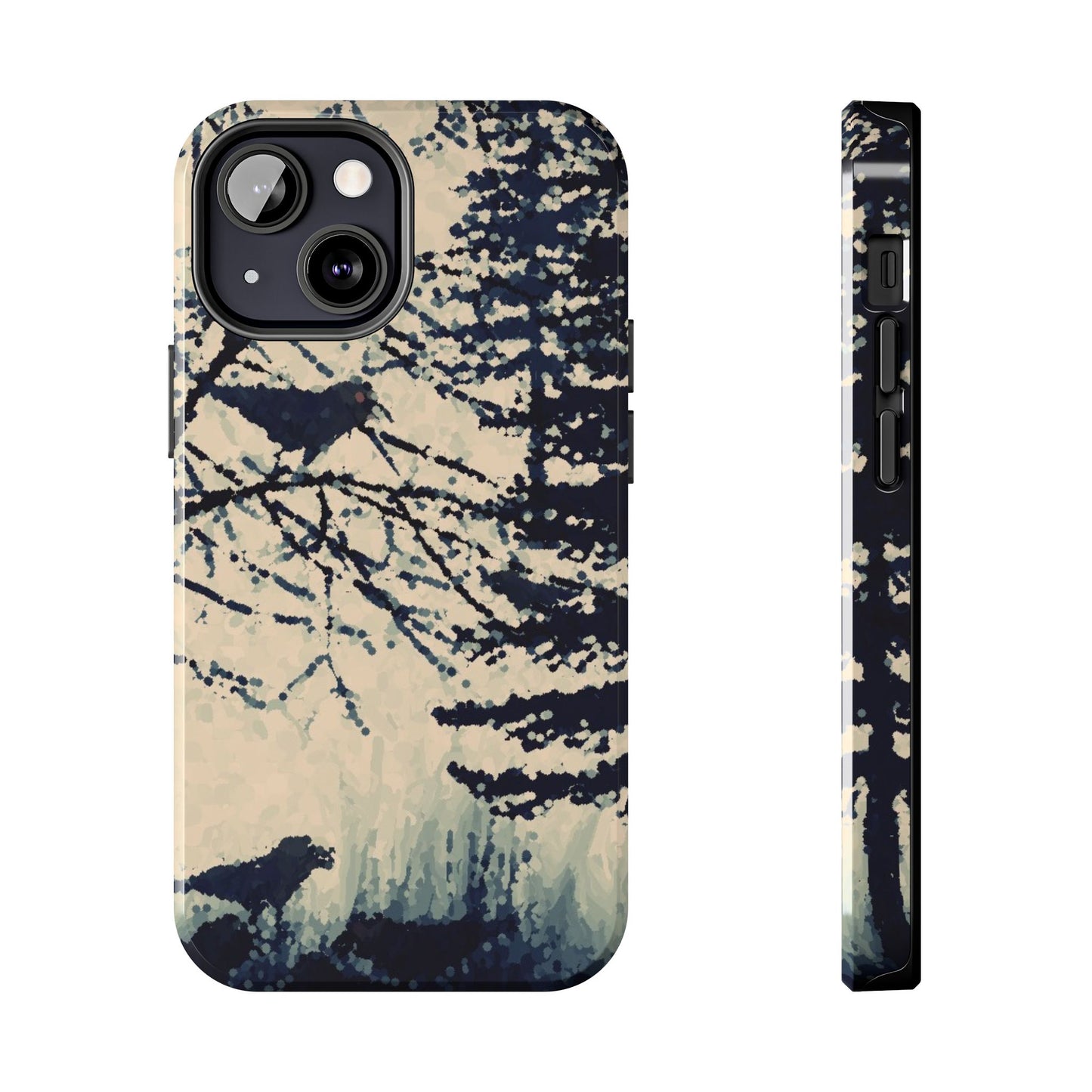 Crows in Forest Tough Phone Cases, iPhone & Samsung cases, wireless charging, crows, trees, birds, original artwork, gifts, Halloween