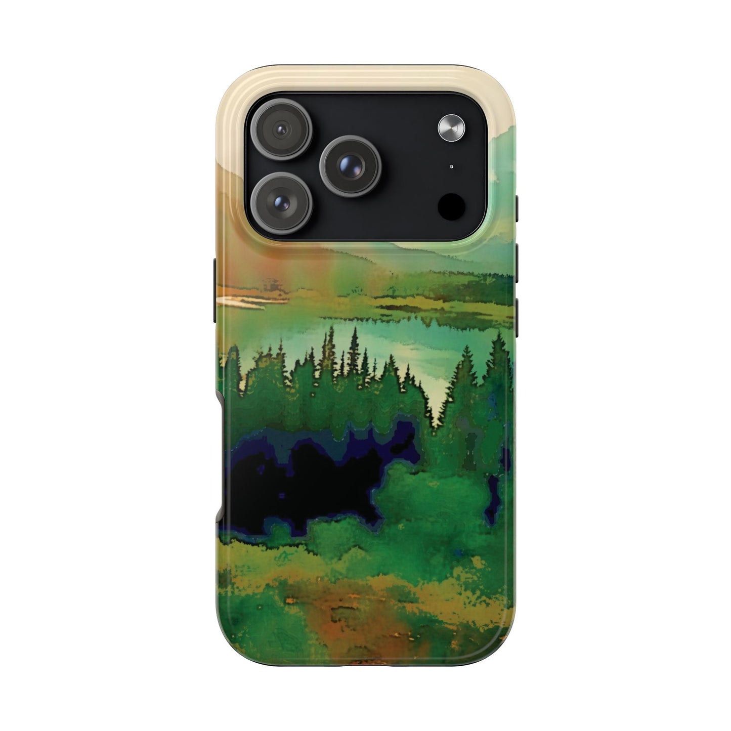 Mountain Lake Tough Phone Cases, iPhone & Samsung cases, wireless charging, trees, nature, colorful, original artwork, gifts, Christmas