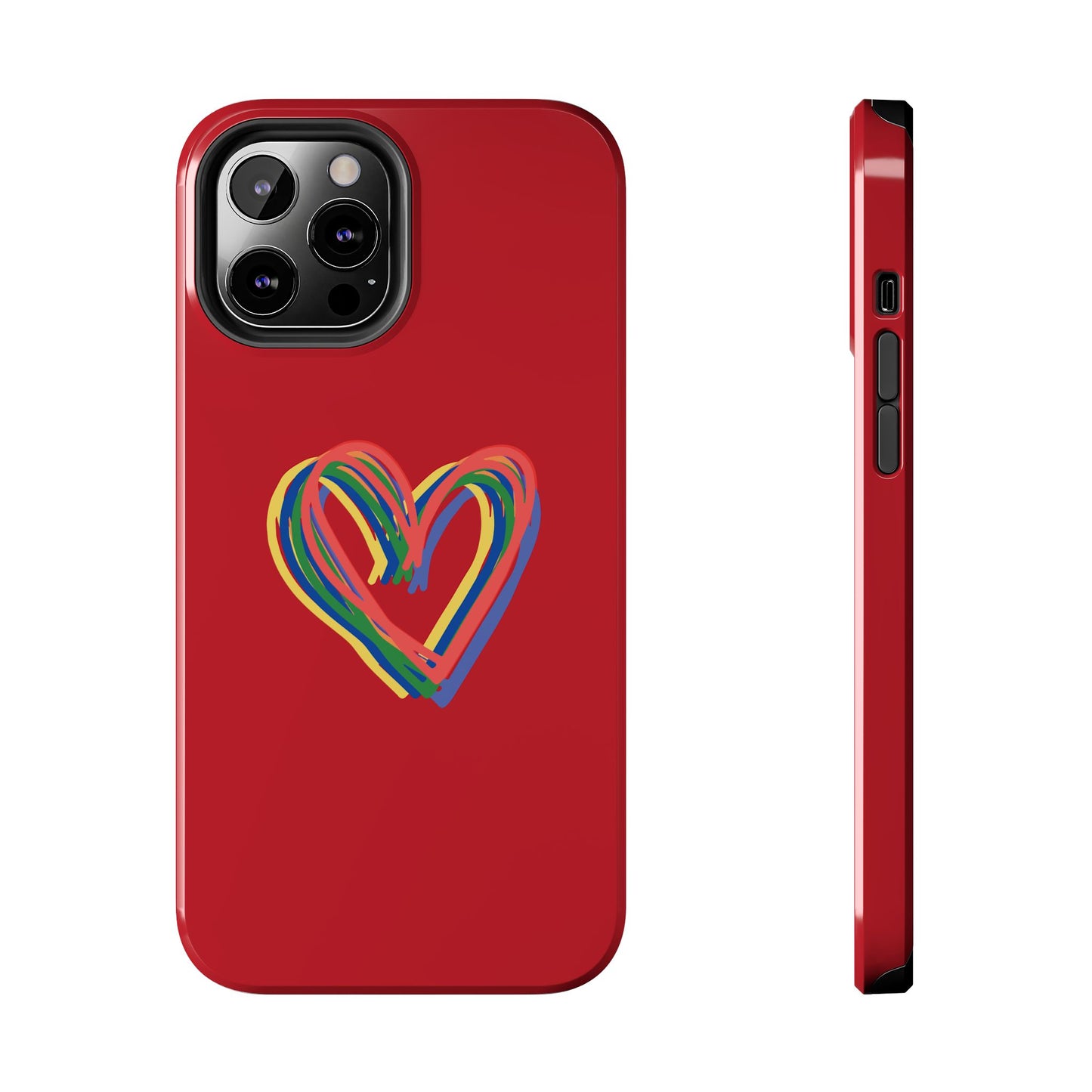 Rainbow Hearts Tough Phone Case, Red Phone Cover, Smartphone Case, Heart Pattern Phone Shell, Phone Hard Case, Colorful, Wireless Charging