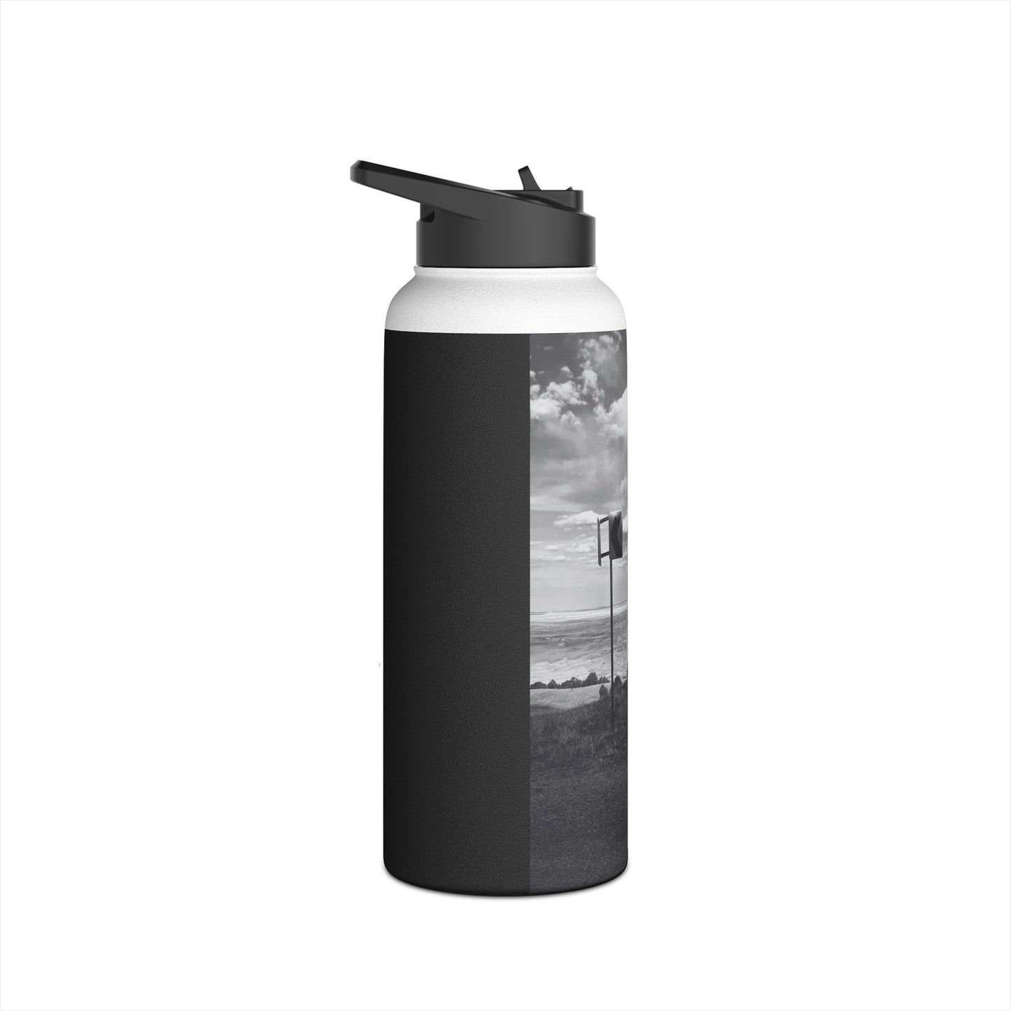 Road Sign Stainless Steel Water Bottle, Badlands, Landscape, Black and White, Photo, Artwork, Drinkware, Gift, Nature, Warning, BPA-free