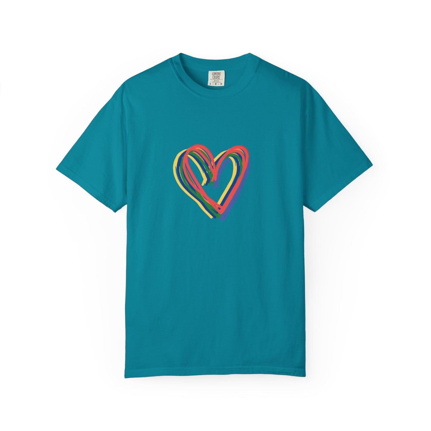 Rainbow Hearts Unisex Garment-Dyed T-shirt, love, Pride, gender neutral, casual, men, women, relaxed, soft, preshrunk cotton, Valentines Day
