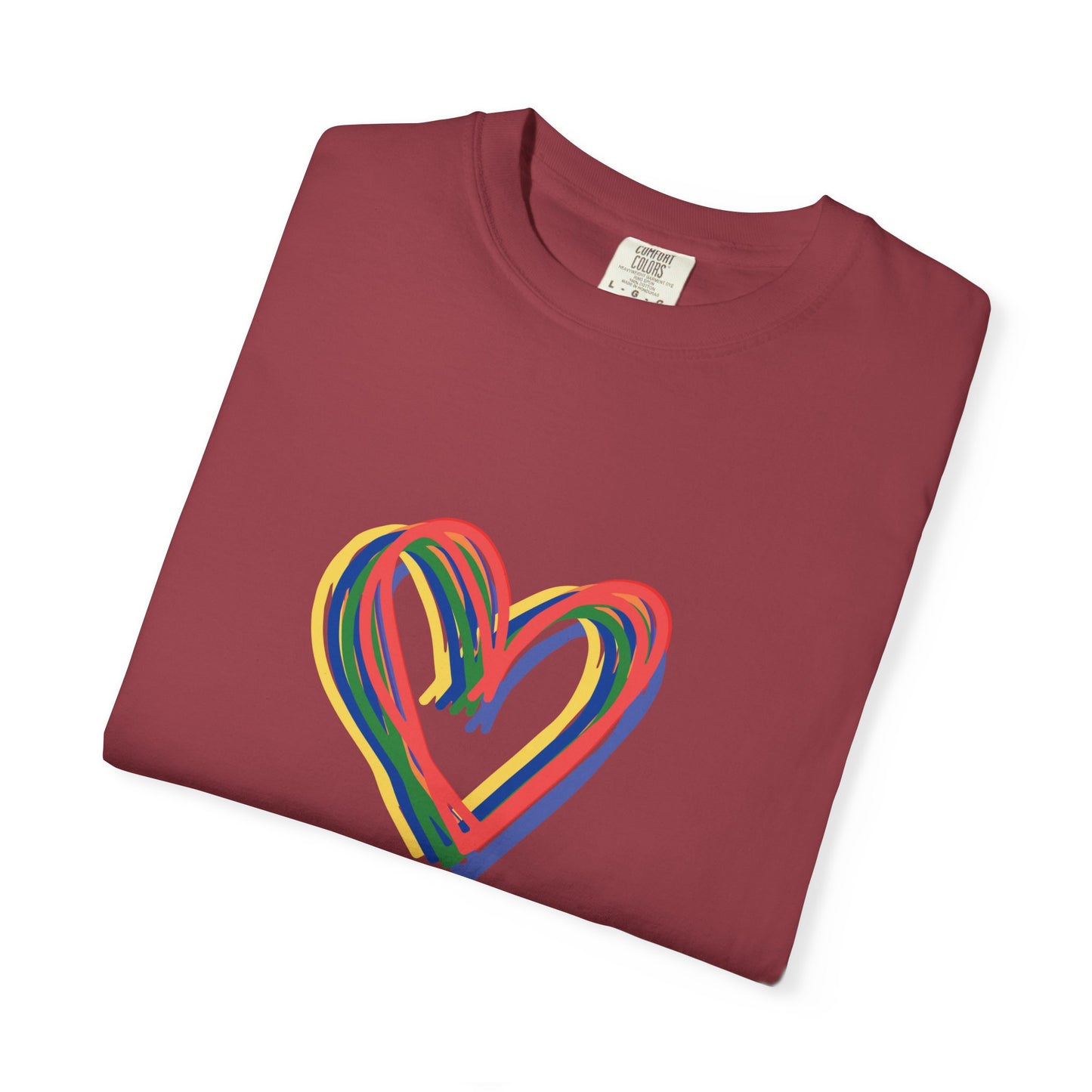 Rainbow Hearts Unisex Garment-Dyed T-shirt, love, Pride, gender neutral, casual, men, women, relaxed, soft, preshrunk cotton, Valentines Day
