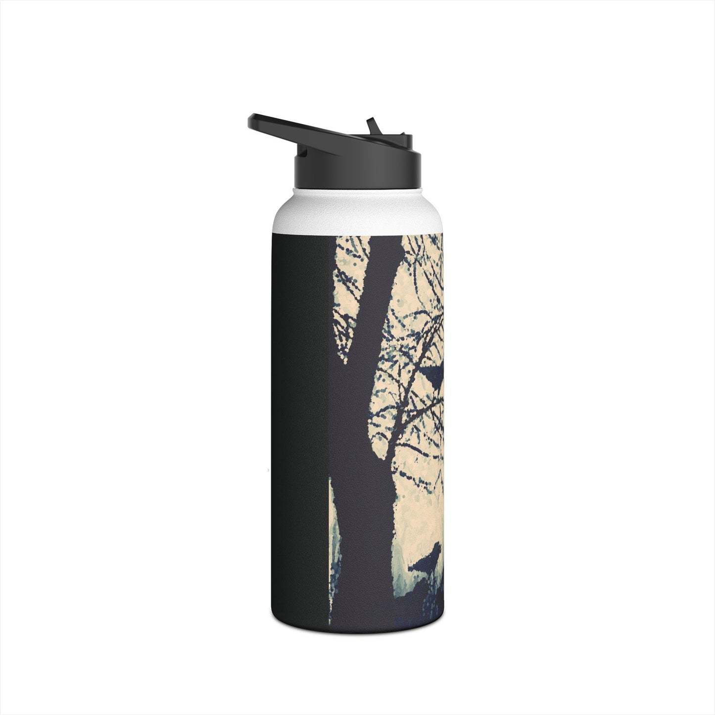 Crows in Forest Stainless Steel Water Bottle, Trees, Birds, Nature, Original Artwork, Exercise, Gift, Black & White, Eco BPA-free, Halloween