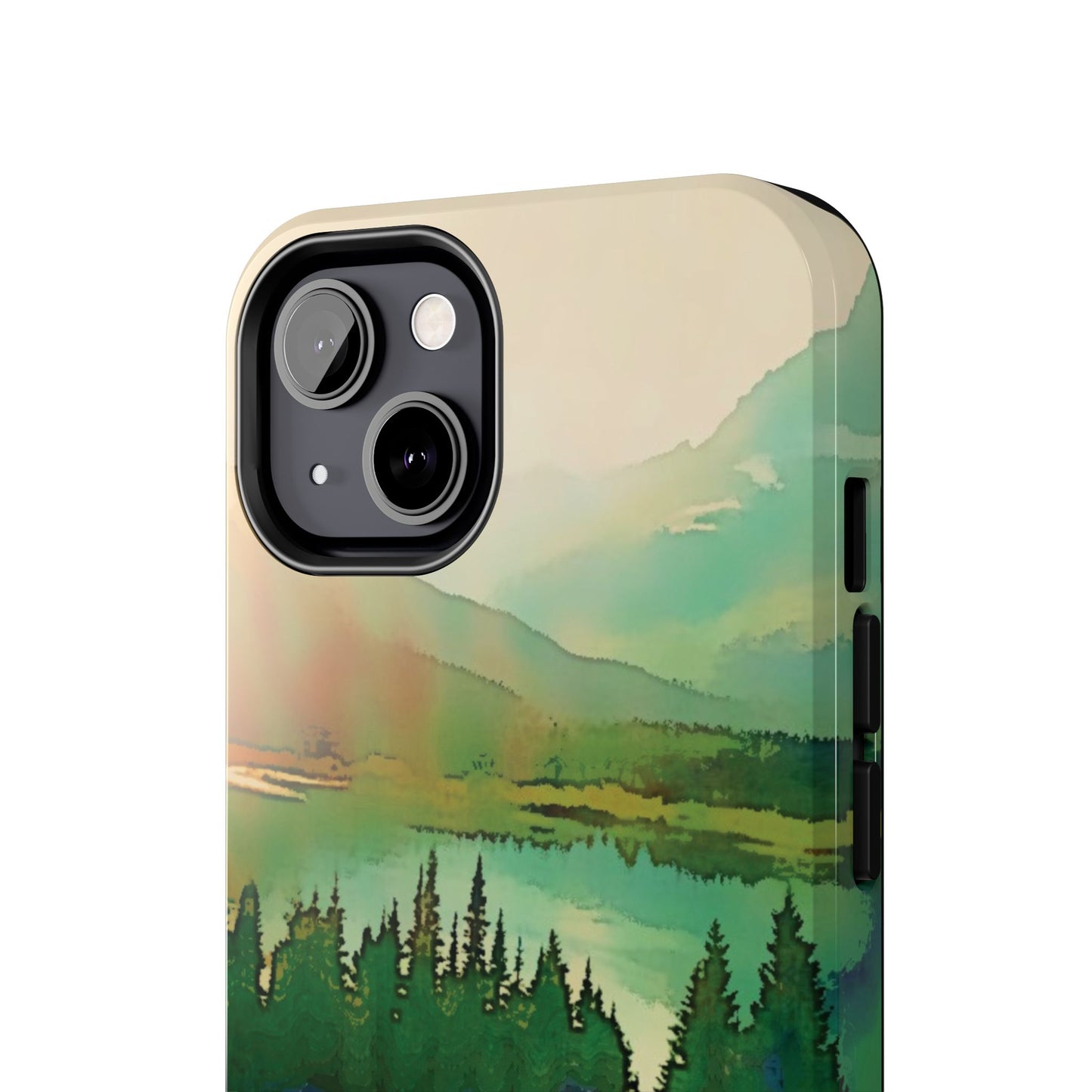 Mountain Lake Tough Phone Cases, iPhone & Samsung cases, wireless charging, trees, nature, colorful, original artwork, gifts, Christmas
