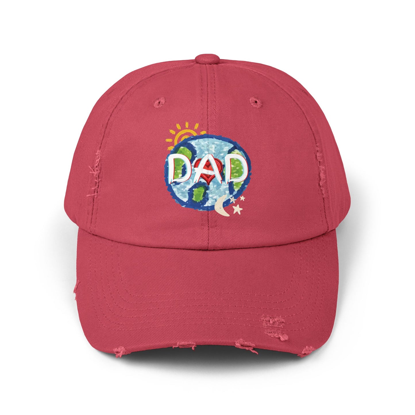 DAD Unisex Distressed Cap, Whole World, Sun, Moon & Stars, Heart, Fathers Day, Gift, Hats, Cotton Twill, Adjustable, Gifts for Men