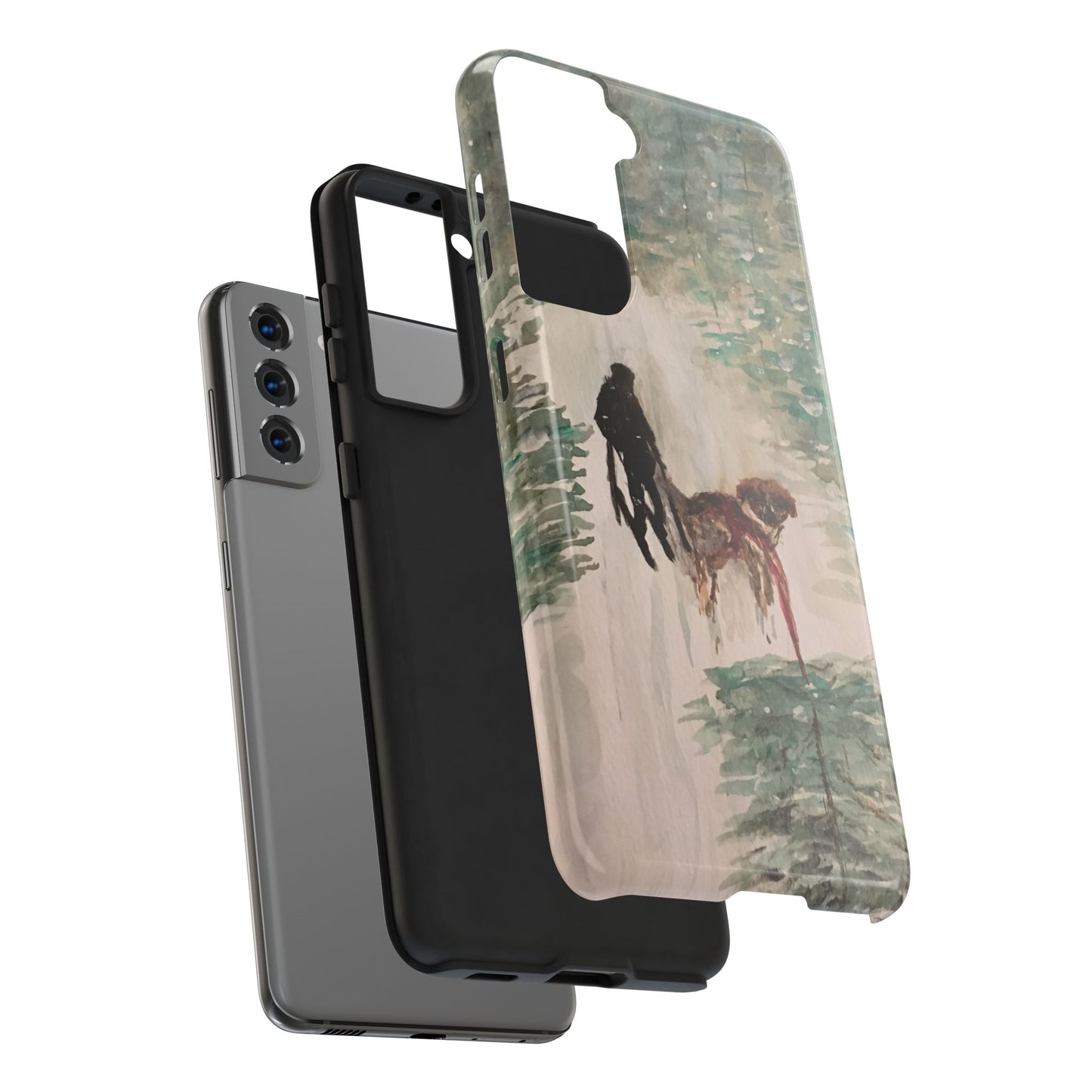 Skier Dog Pulling Tree Tough Phone Cases, iPhone & Samsung cases, wireless charging, pine trees, snow, original artwork, gifts, Christmas