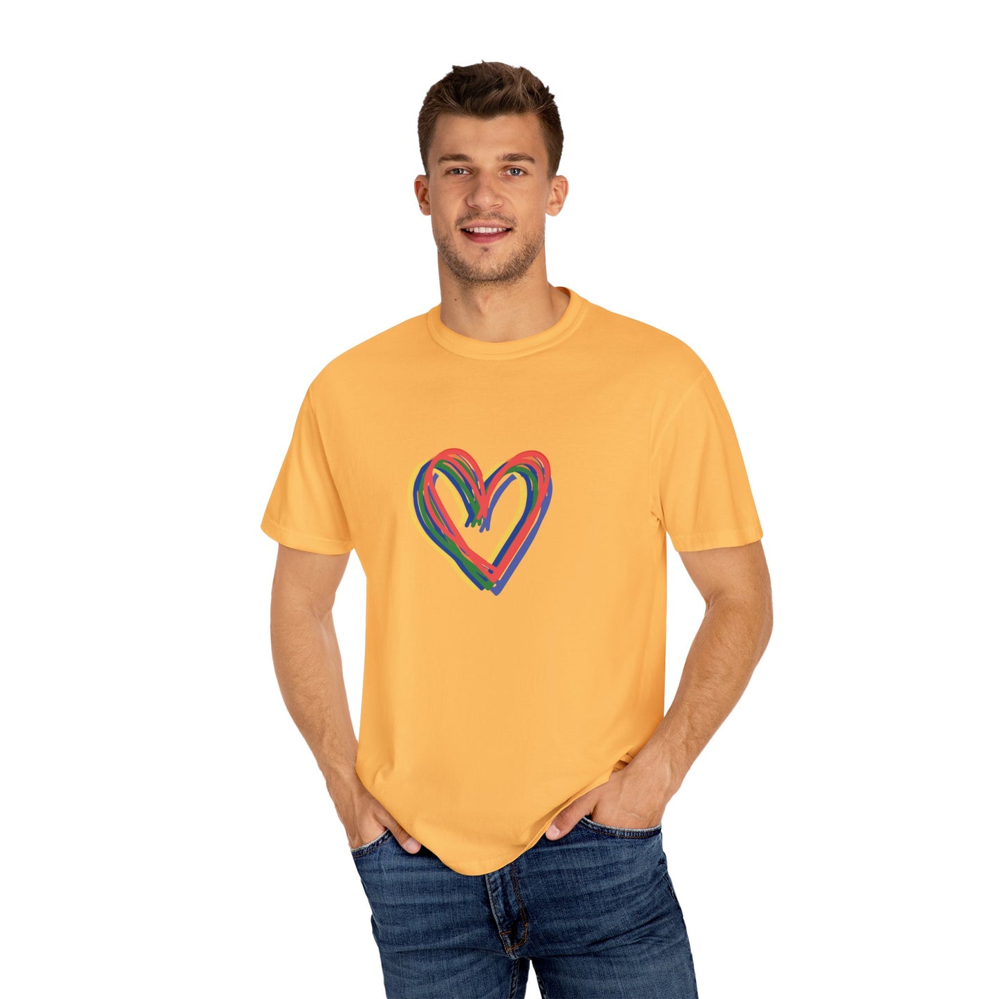 Rainbow Hearts Unisex Garment-Dyed T-shirt, love, Pride, gender neutral, casual, men, women, relaxed, soft, preshrunk cotton, Valentines Day
