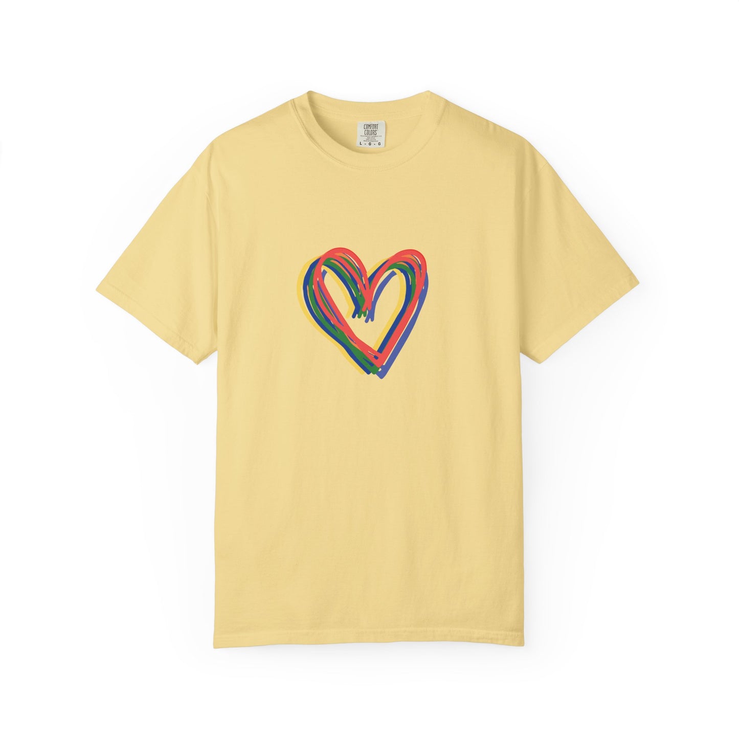 Rainbow Hearts Unisex Garment-Dyed T-shirt, love, Pride, gender neutral, casual, men, women, relaxed, soft, preshrunk cotton, Valentines Day