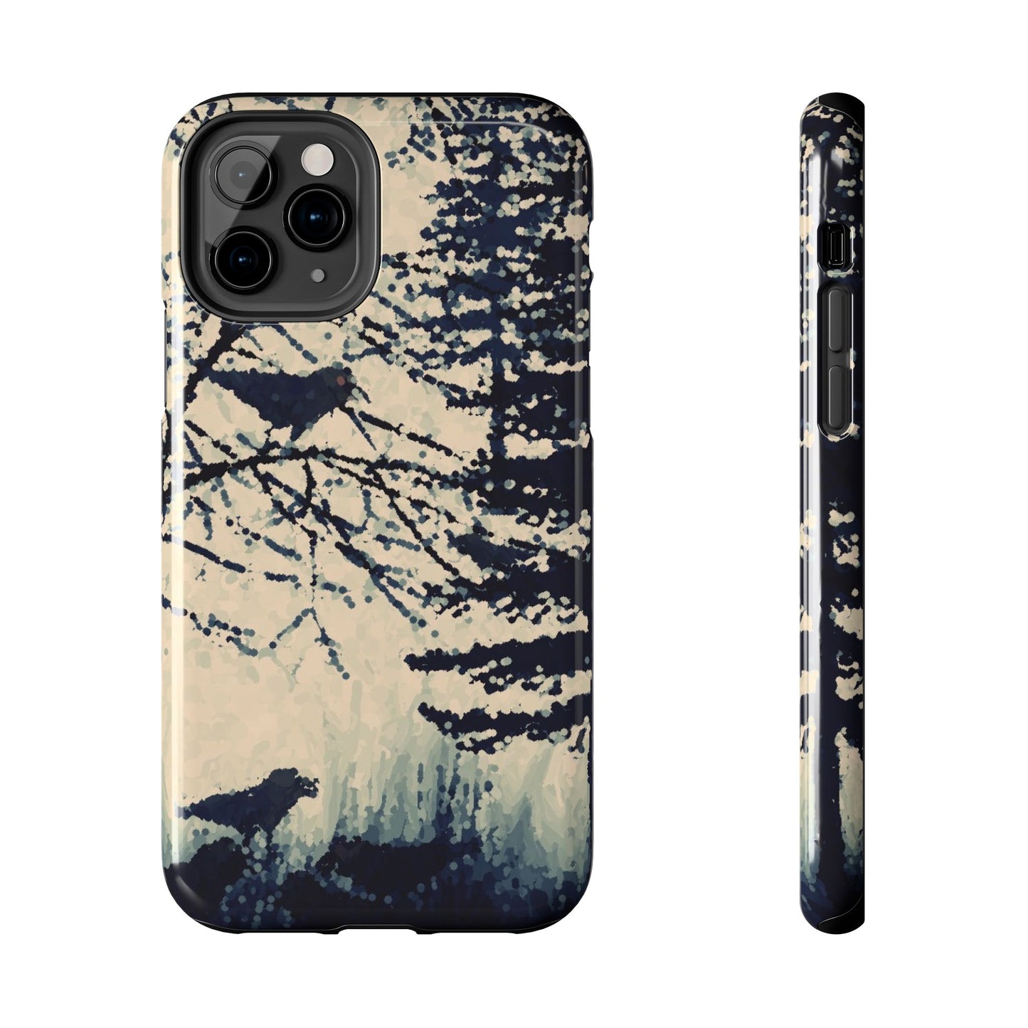 Crows in Forest Tough Phone Cases, iPhone & Samsung cases, wireless charging, crows, trees, birds, original artwork, gifts, Halloween