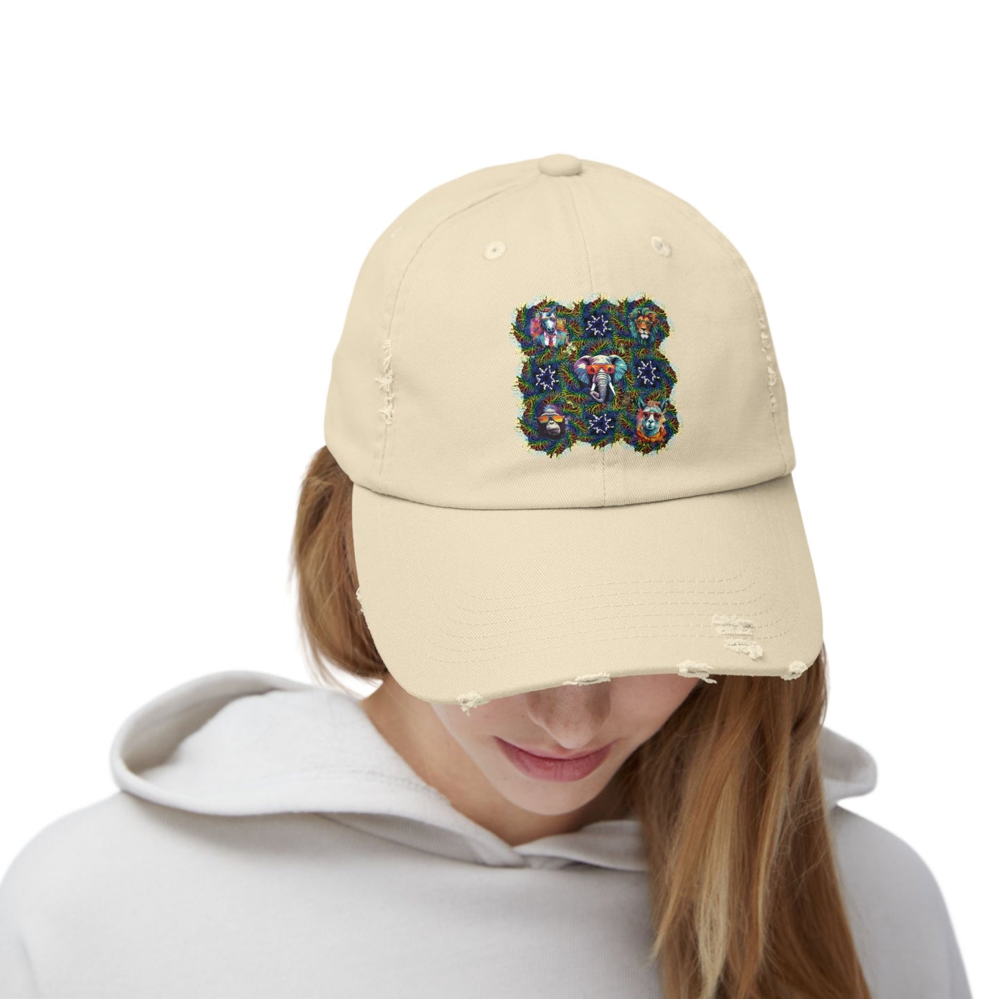 Wild & Cool Creatures Unisex Distressed Cap, Graphic Art, Animals, Gift, Hats, Cotton Twill, Adjustable, Gifts for Women Men Friends Teens