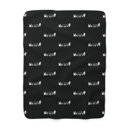 Meow Pattern Black & White Sherpa Fleece Blanket, Cats, Halloween, Sassy, Home Decor, Soft, Cozy, Gift, Gender Neutral, Throw, 50x60 60x80