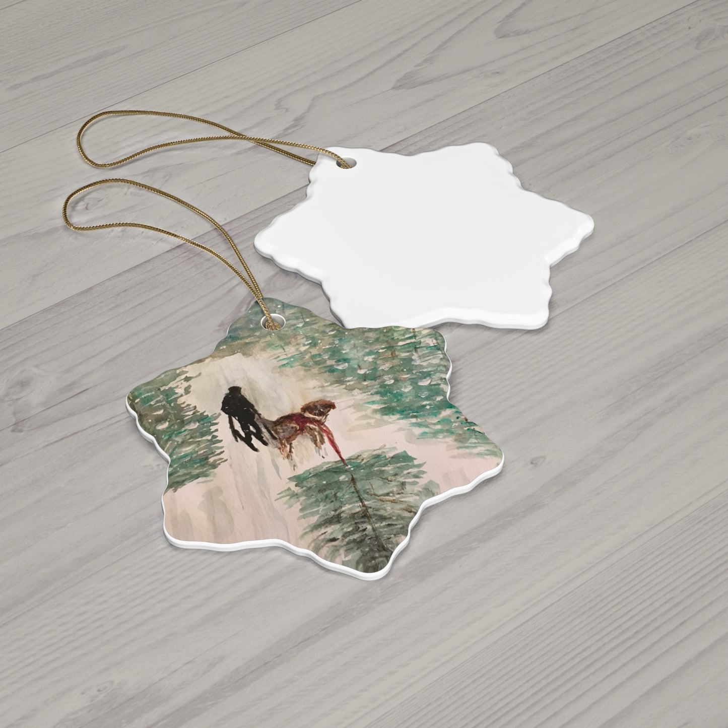 Skier Dog Pulling Tree Hanging Ceramic Ornament, 4 Shapes Circle, Snowflake, Heart, Star, Christmas Tree, Holiday, Decor, Gifts, Snow Forest