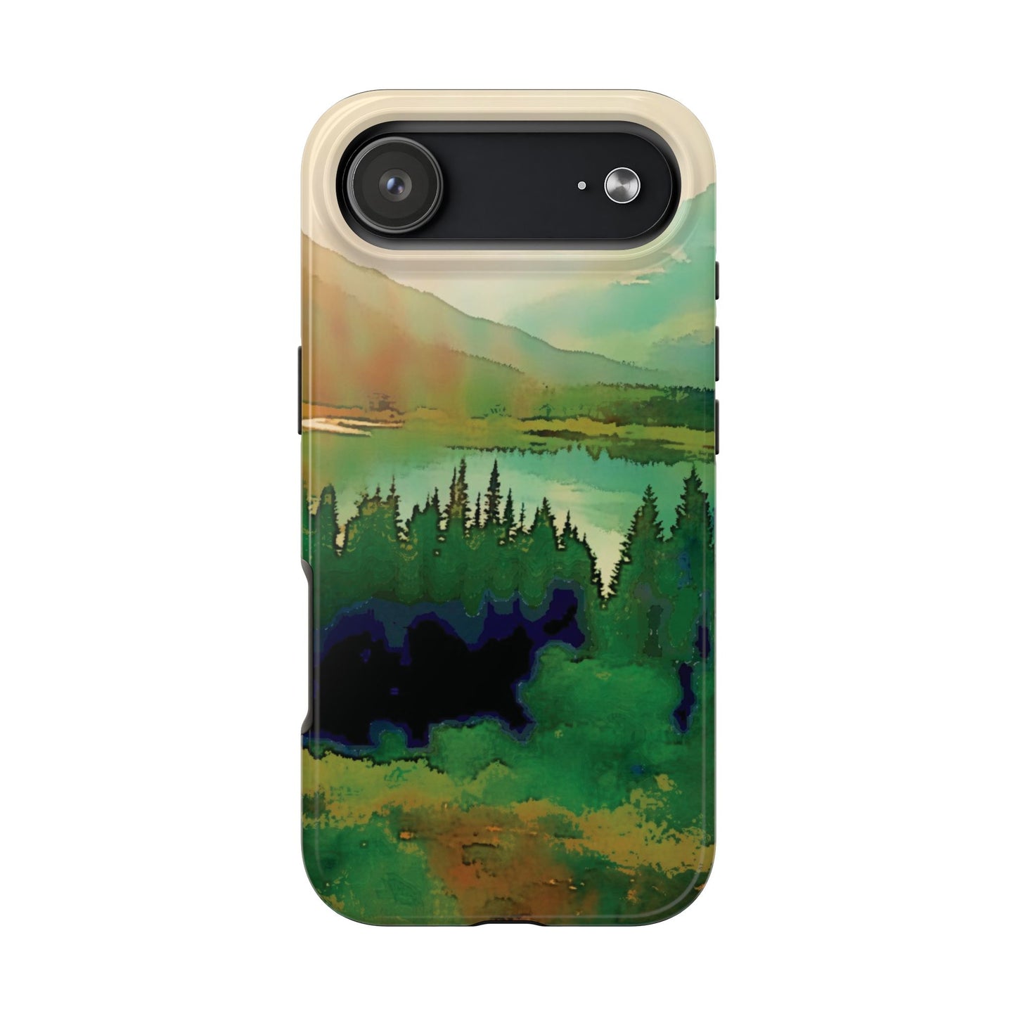 Mountain Lake Tough Phone Cases, iPhone & Samsung cases, wireless charging, trees, nature, colorful, original artwork, gifts, Christmas