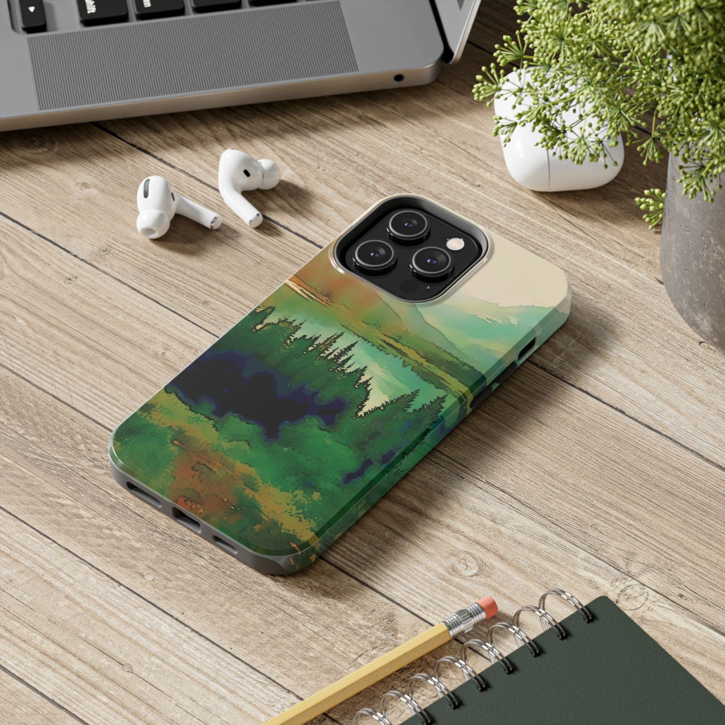 Mountain Lake Tough Phone Cases, iPhone & Samsung cases, wireless charging, trees, nature, colorful, original artwork, gifts, Christmas