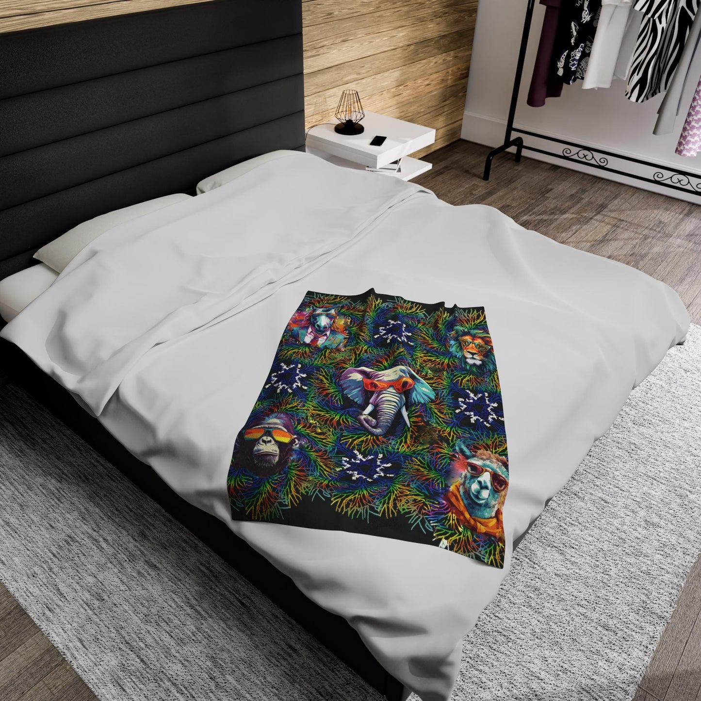 Black Wild & Cool Creatures Velveteen Blanket, Animals, Cozy Throw Home Decor, Gift, Bed Cover Vibrant Couch Blanket Kids Birthday Christmas
