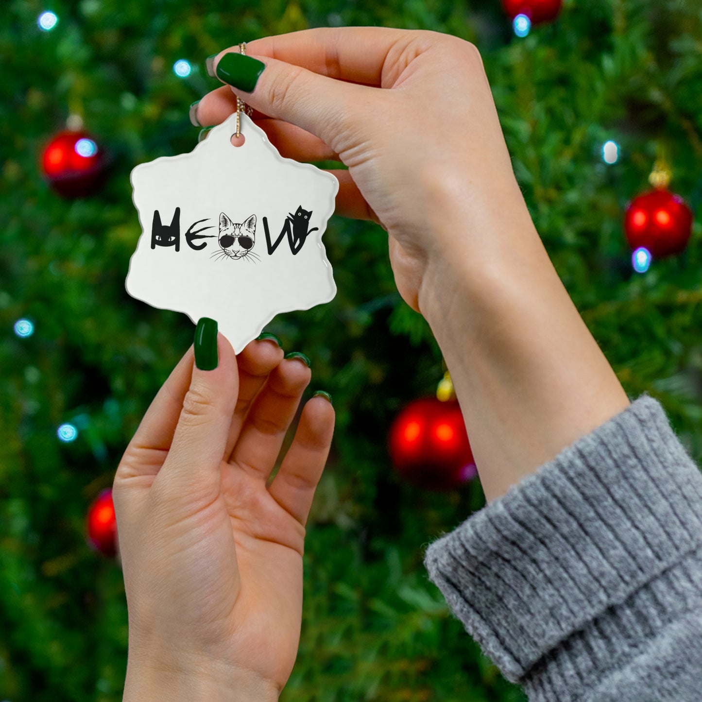 Meow White & Black Hanging Ornament, cats, sassy, decor, fun, Circle Snowflake Heart Star, Holiday, Gifts, all ages, Christmas, Halloween