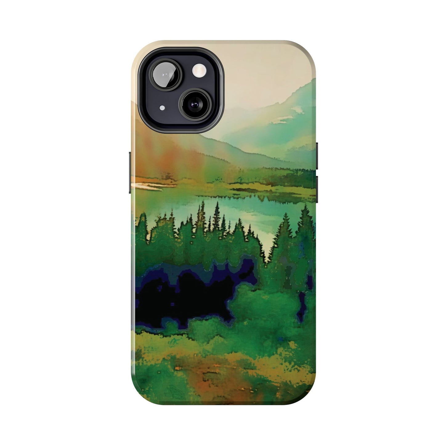 Mountain Lake Tough Phone Cases, iPhone & Samsung cases, wireless charging, trees, nature, colorful, original artwork, gifts, Christmas