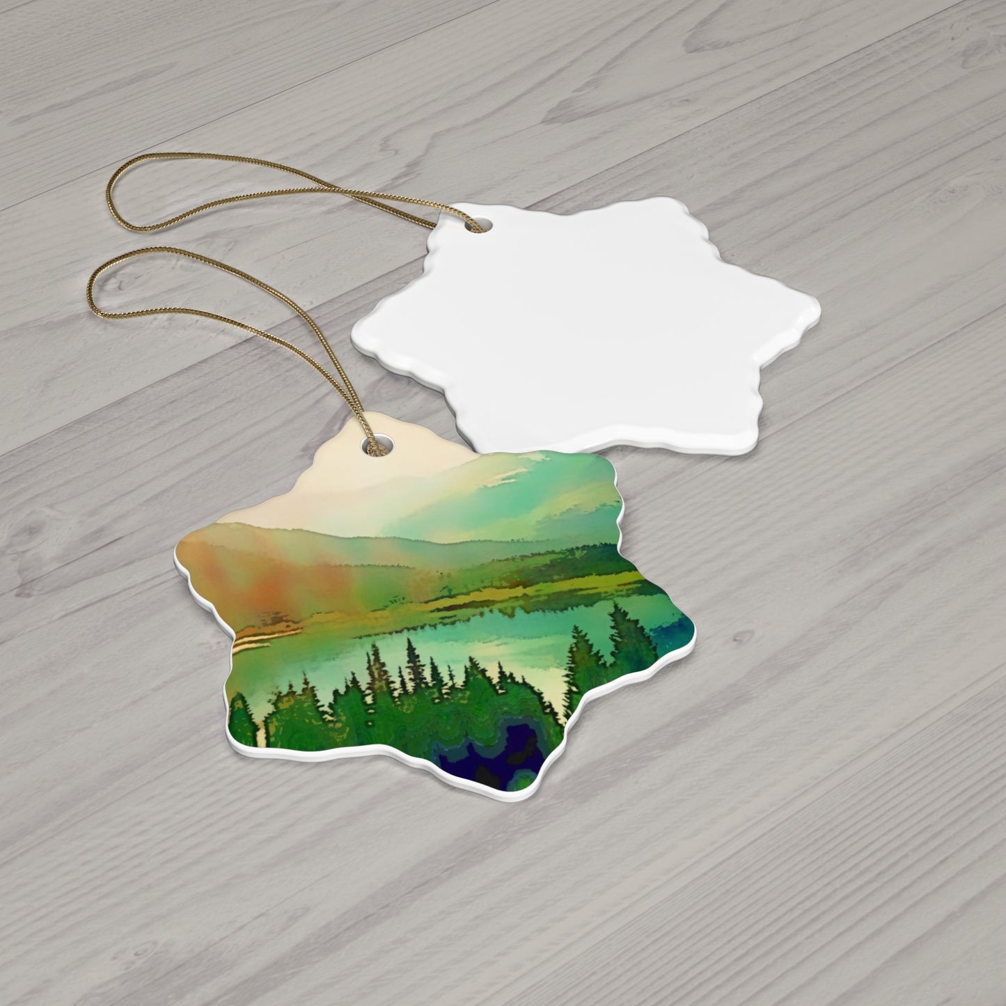 Mountain Lake Hanging Ceramic Ornament, 4 Shapes Circle, Snowflake, Heart, Star, Forest, Tree, Rustic, Holiday, Decor, Gifts, Landscape