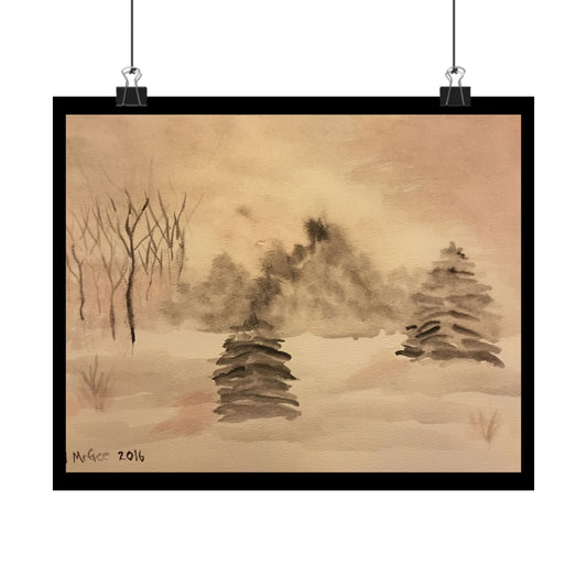 Winter Scene Poster, Original Watercolor Print, Premium Matte Poster, Snow, Trees, Nature, Artwork, Wall Art, Black Tones, Gift, Christmas