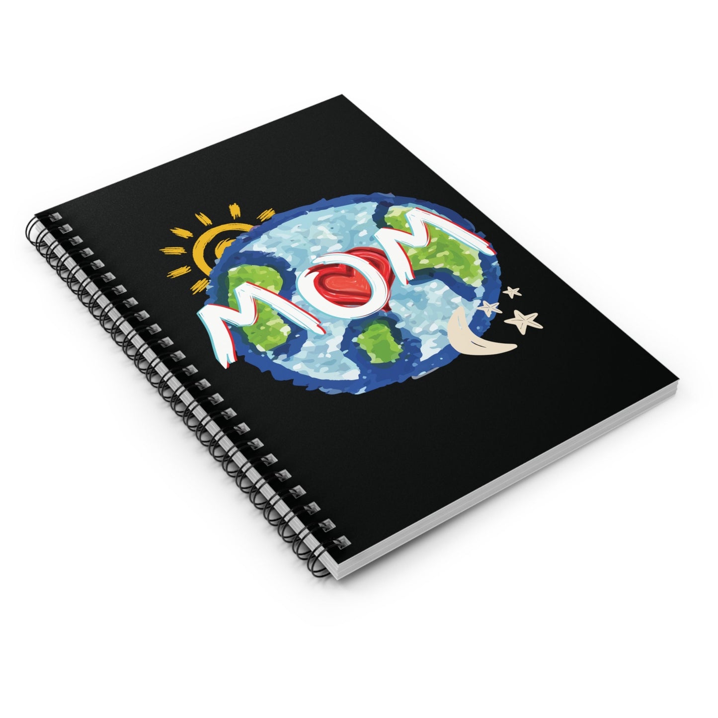 MOM Black Spiral Notebook, Ruled Line, Whole World, Sun, Moon & Stars, Heart, Love, Mothers Day, Gifts for Women, Writing, Journal, Paper