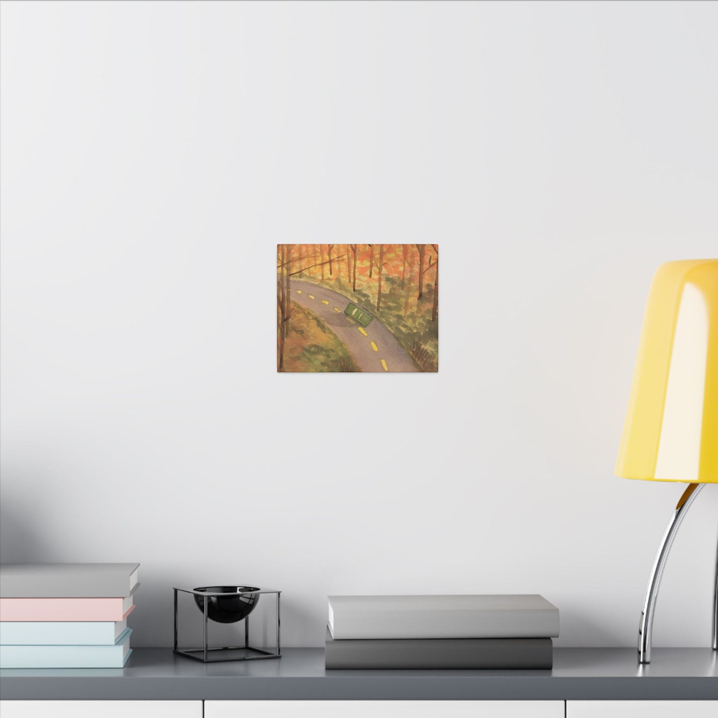 Canvas Wrap Autumn Drive in the Country, Nature, America, Trees, Original Watercolor Print, Artwork, Wall Art, Green Truck, Fall Leaves