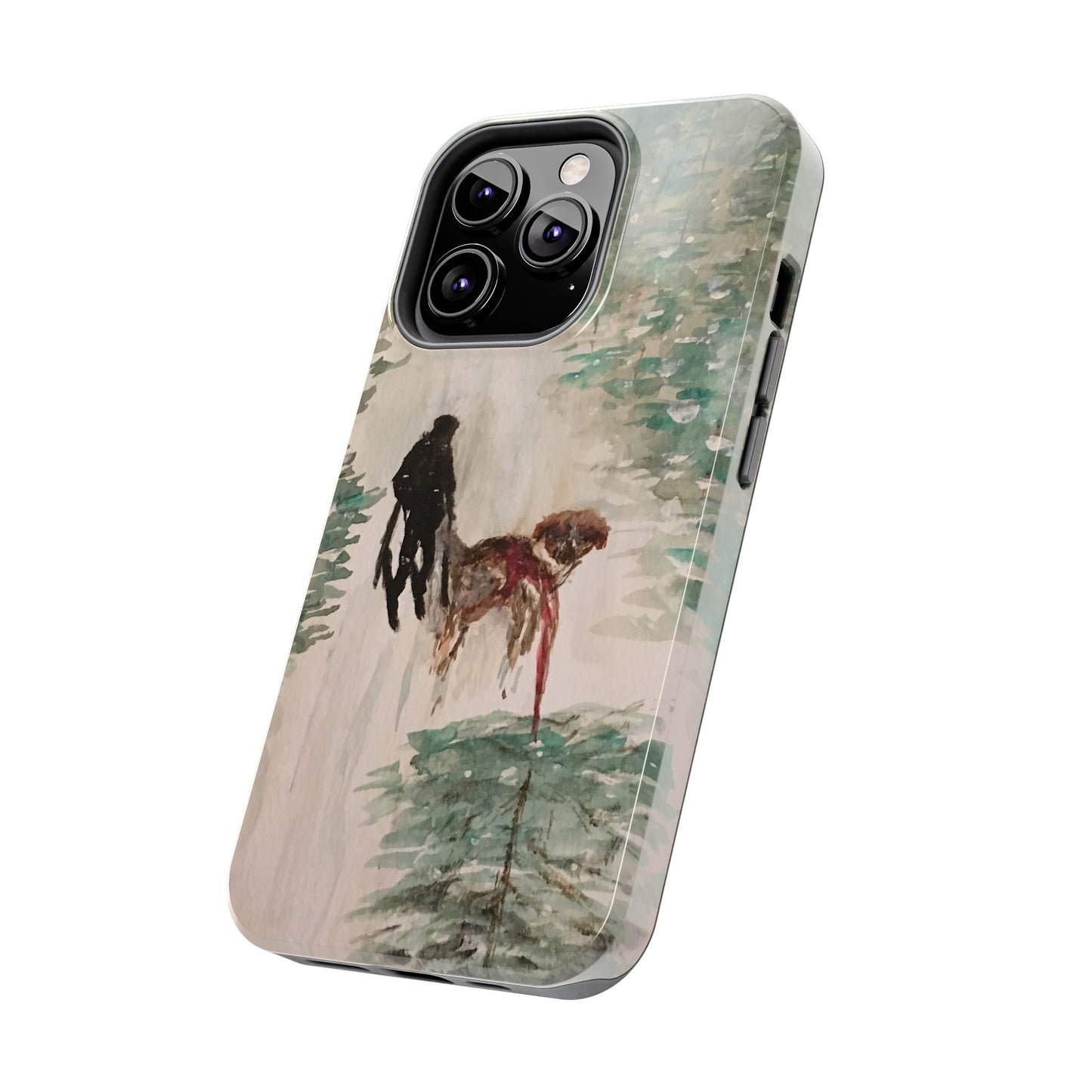 Skier Dog Pulling Tree Tough Phone Cases, iPhone & Samsung cases, wireless charging, pine trees, snow, original artwork, gifts, Christmas